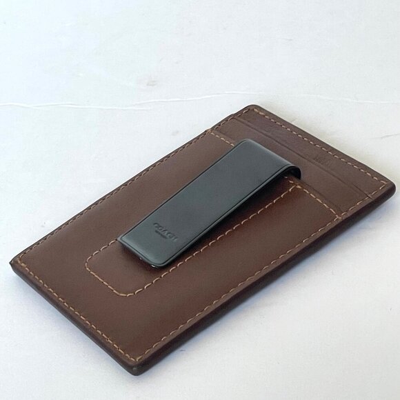 Coach Money Clip Card Case Mens Dark Saddle Leather C6702 Wallet Compact Slim - Picture 3 of 7